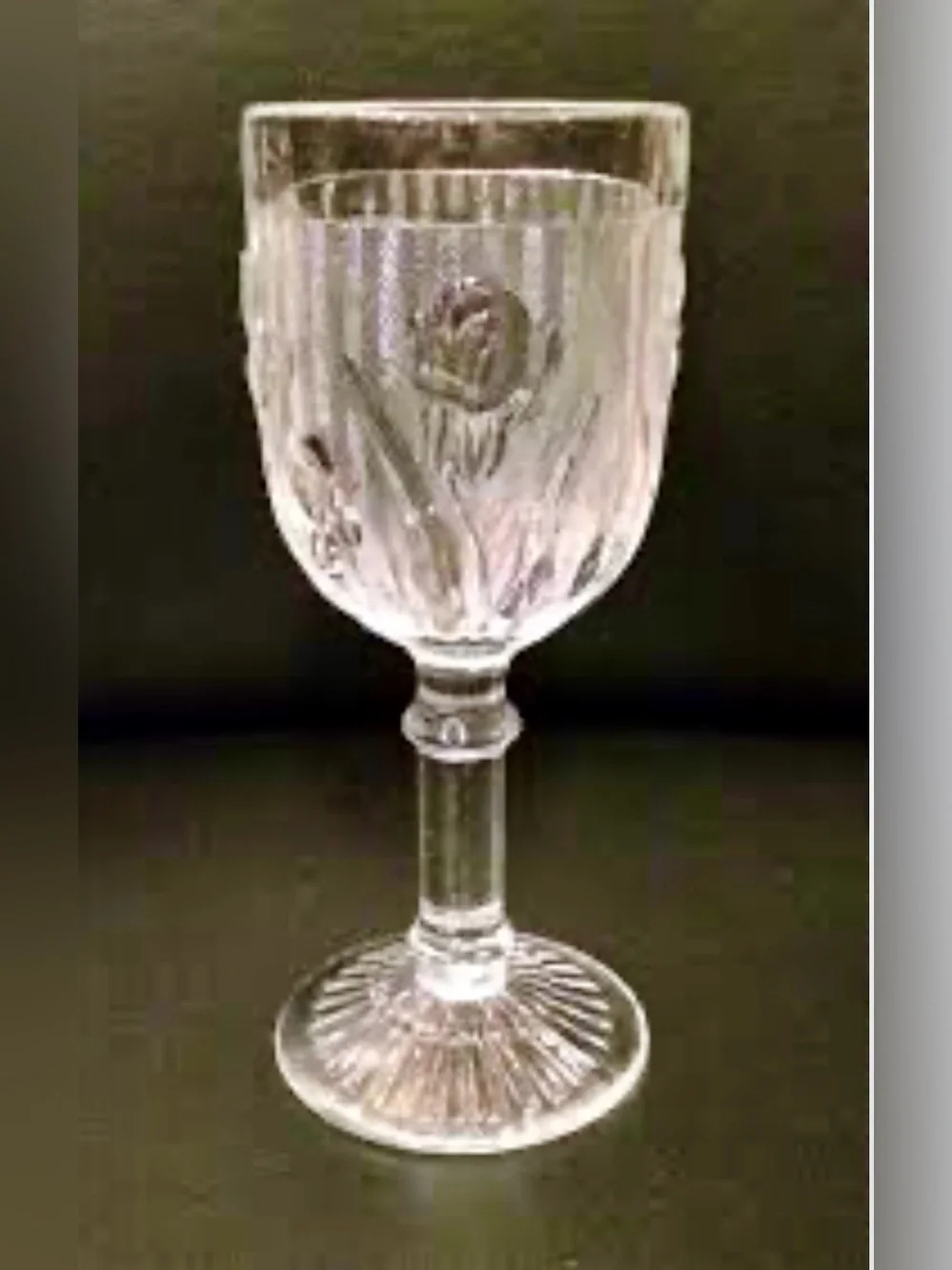 Jeannette Iris & Herringbone Clear Depression Glass 6 Wine Goblets & Plate.